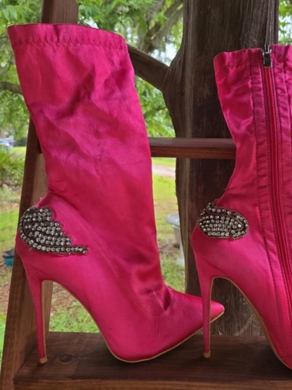 Pretty Little Thing Pink Satin Rhinestone Embellished Stiletto Heel Boots Size 7